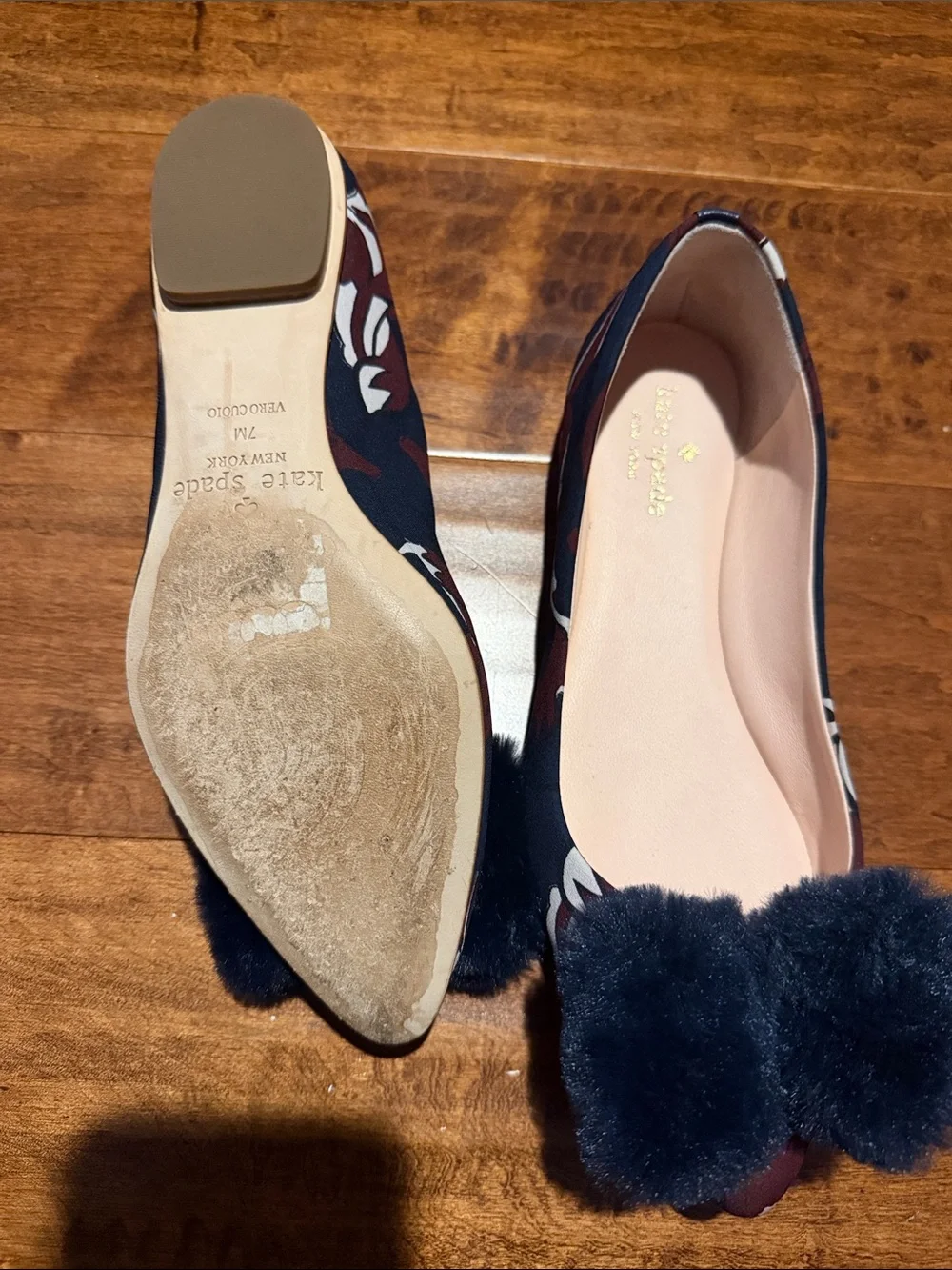 kate spade Navy Floral Pom Bow Ballet Flats